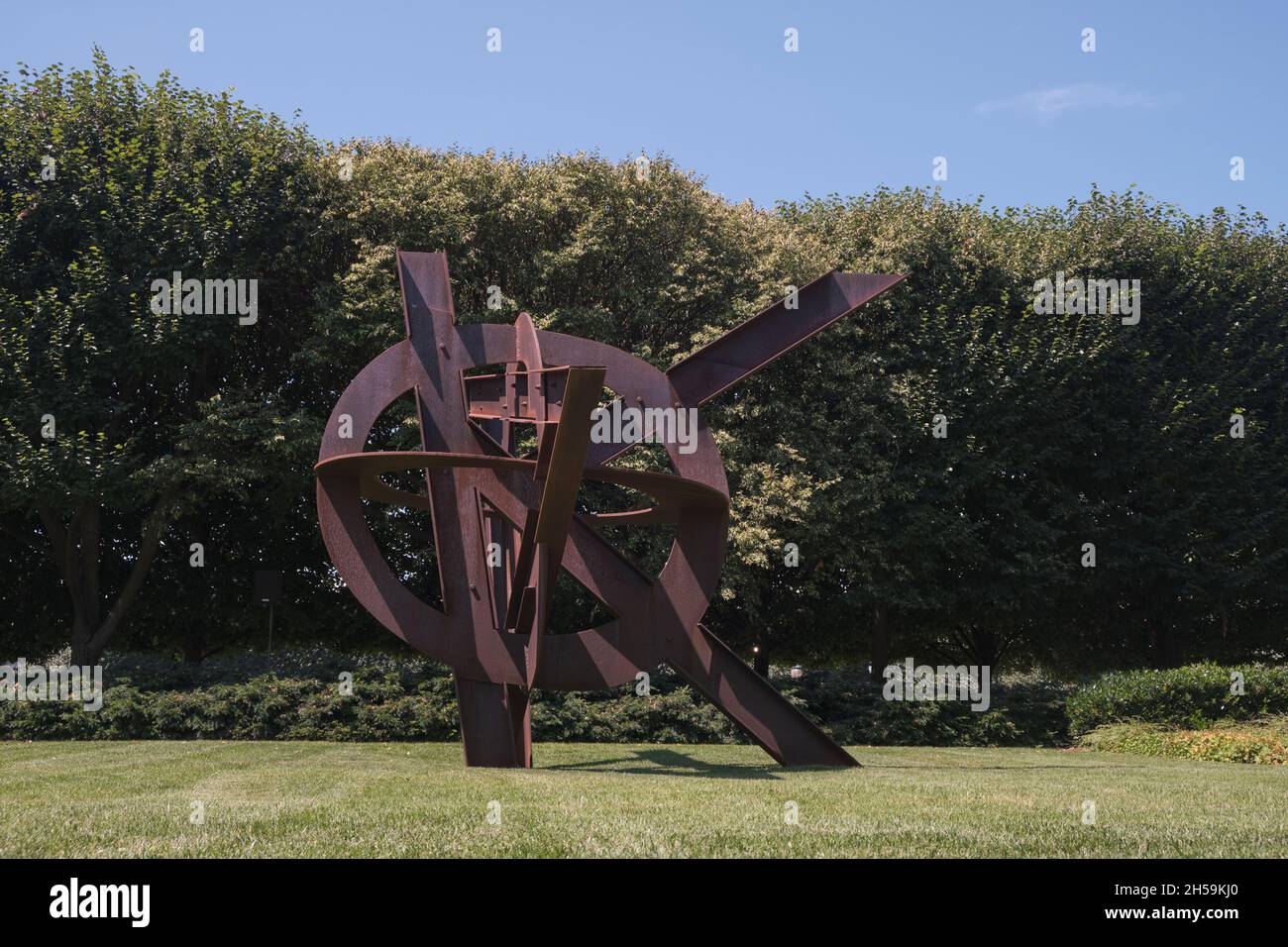 The Mark di Suvero rusty steel sculpture, Aurora. At the National Gallery of Art sculpture garden in Washington DC. Stock Photo