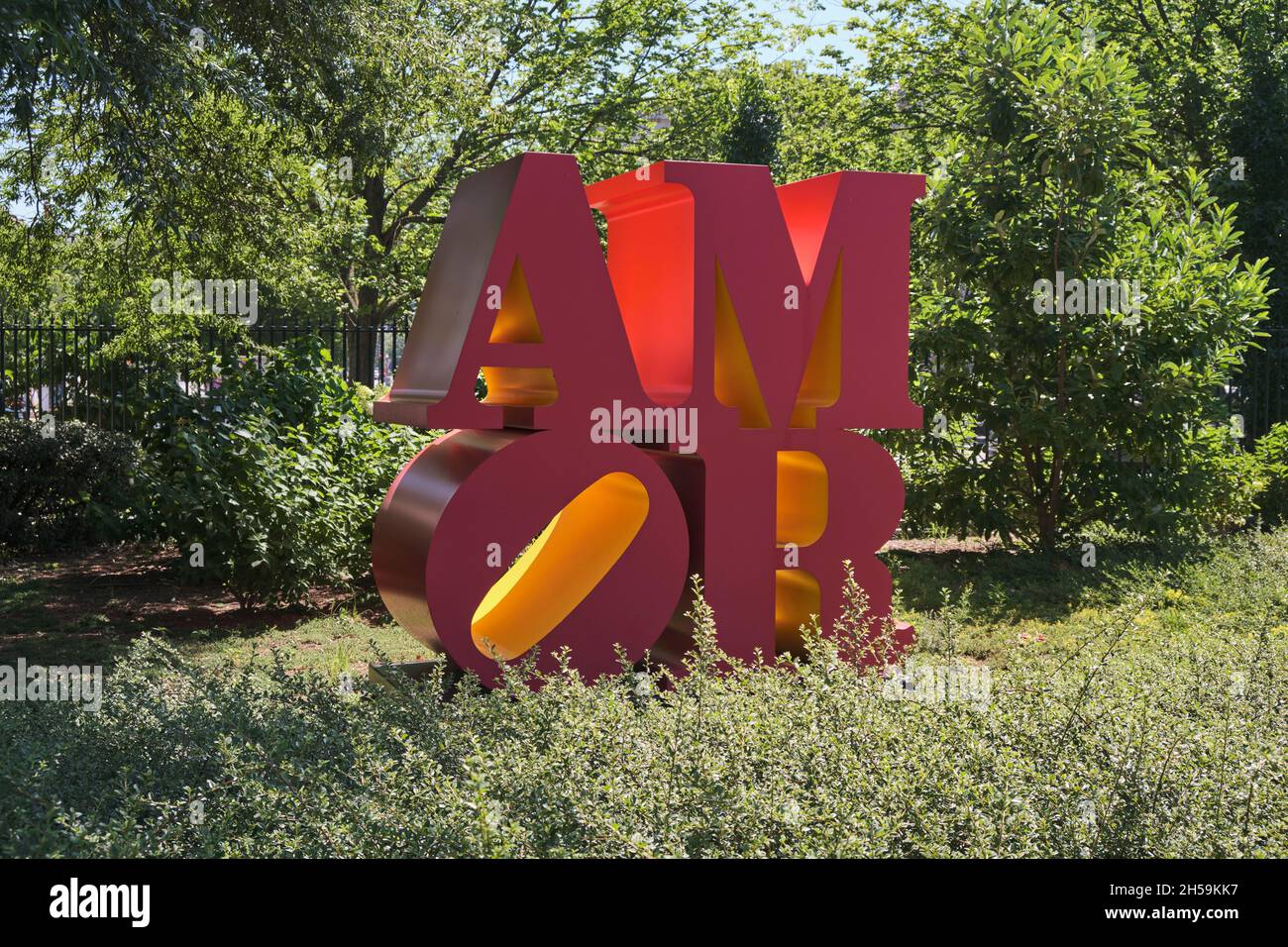 The Robert Indiana sculpture, Amor (Love), the classic text, letter work. At the National Gallery of Art sculpture garden in Washington DC. Stock Photo