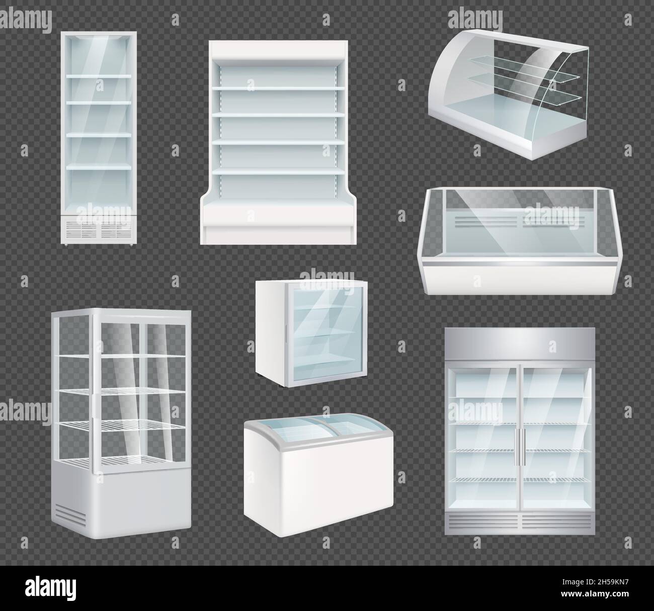 Refrigeration realistic. Retail open white refrigerators with ice for markets freeze interior decent vector templates set Stock Vector