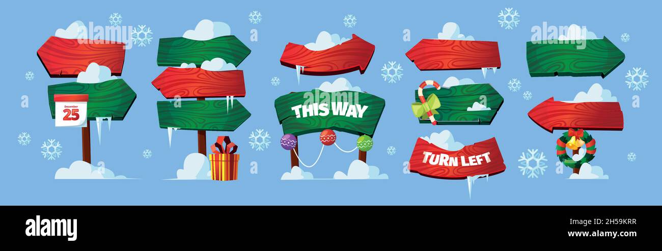 North pole signs. Christmas wooden direction arrows boards with snow