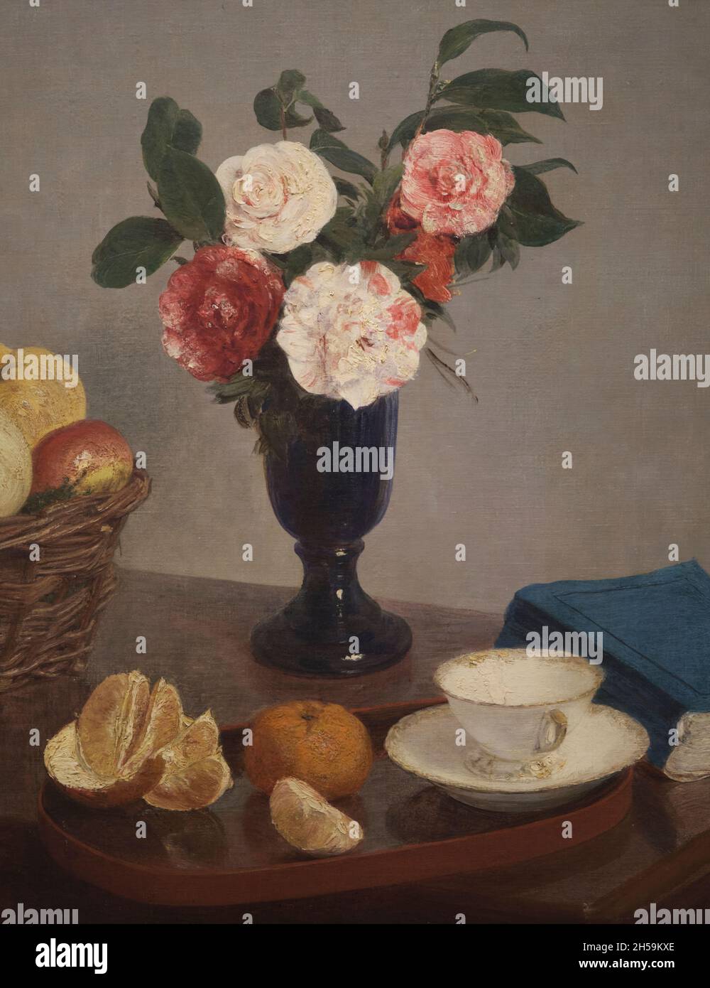 An oil painting of fruit and flowers, titled, Still Life, by Henri