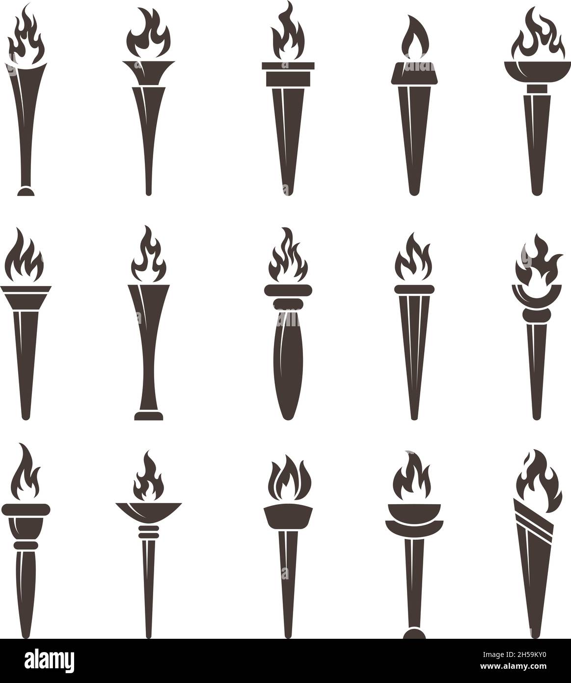 Torch flame. Sport symbols flaming graphic items recent vector flat badges collection Stock Vector