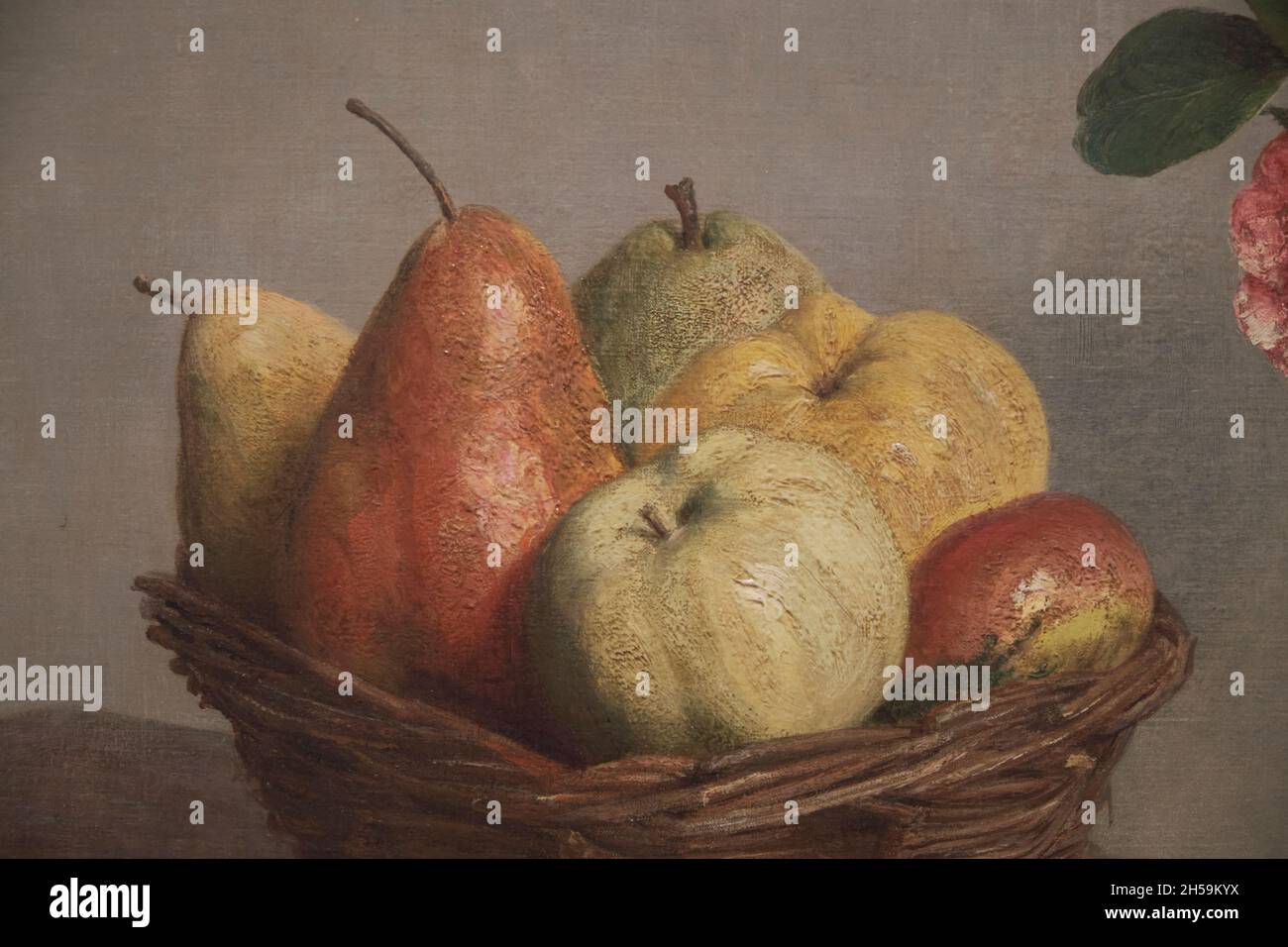 An oil painting of fruit and flowers, titled, Still Life, by Henri
