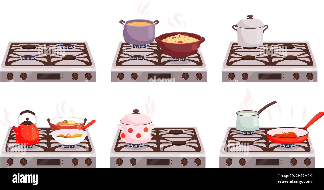 Cook on stove. Pots, frying pan over burning fire. Cooking process, isolated cartoon kitchen vector elements Stock Vector