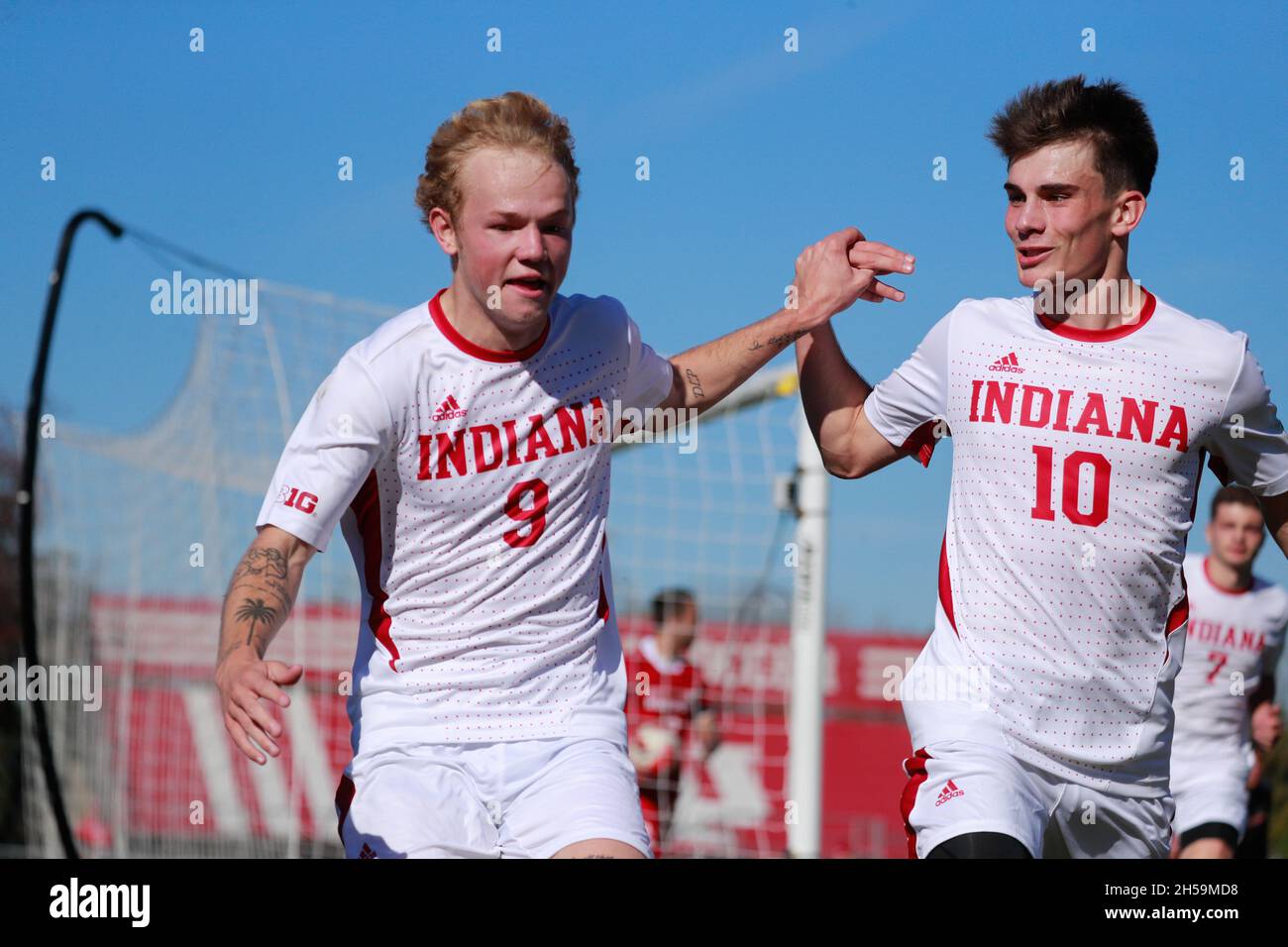 Bloomington, United States. 07th Nov, 2021. Indiana University's Tommy  Mihalic (R) celebrates after Samuel Sarver (L) scoring a goal against  Rutgers during the National Collegiate Athletic Association (NCAA) Big 10  finals soccer