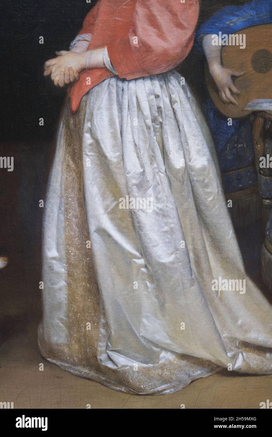 Shiny white satin dress detail in an oil painting titled The Suitor's Visit by the Dutch artist Gerard Ter Borch The Younger. At the National Gallery Stock Photo