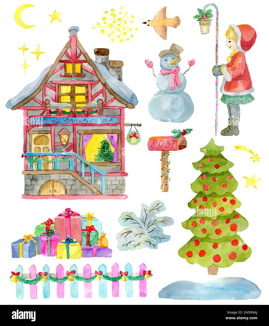 Design set with Christmas house with decorations, girl with lantern, snowman, conifer and gifts isolated on white.  Watercolor illustrations. Winter C Stock Photo