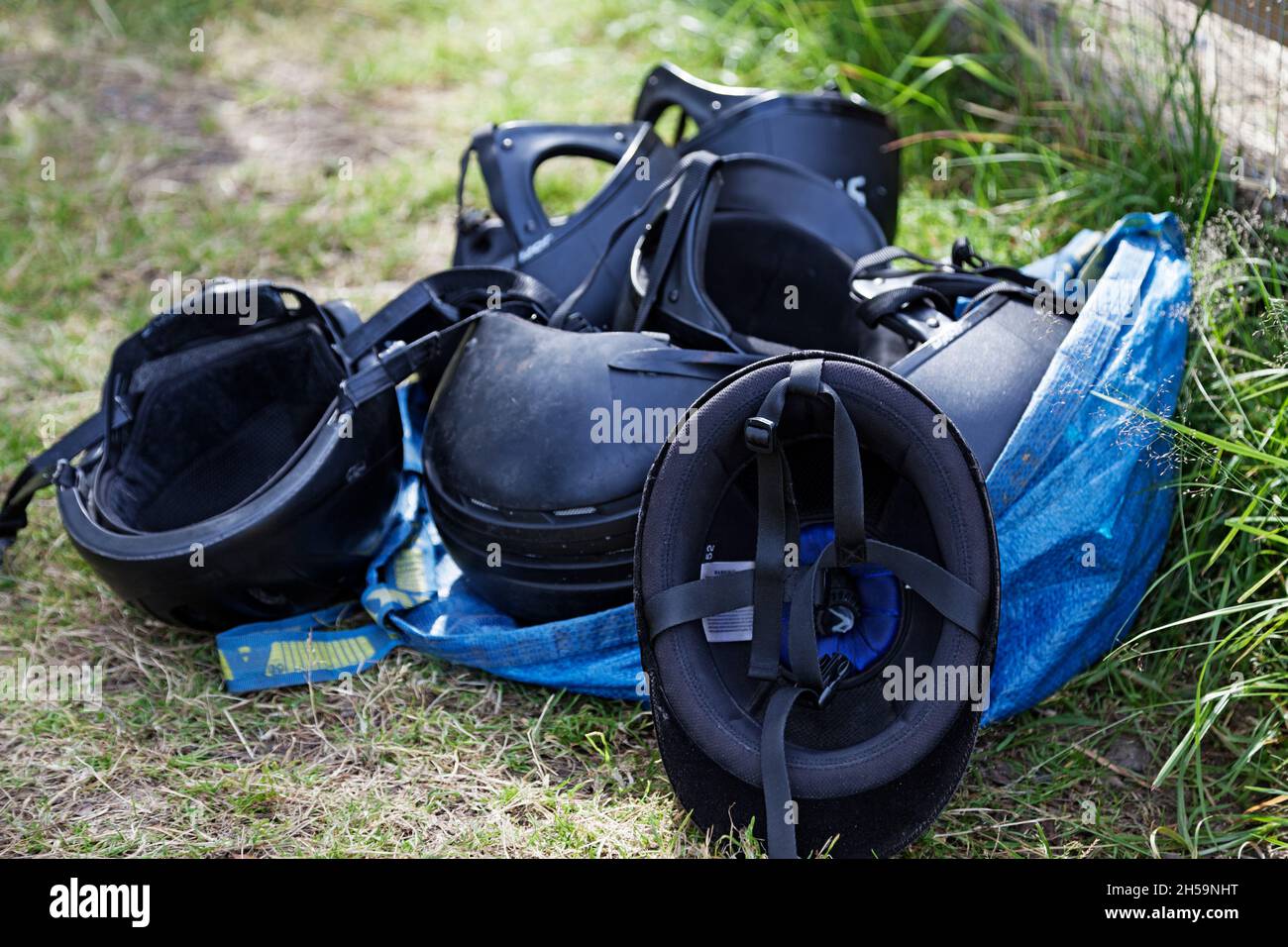 Umea, Norrland Sweden - August 21, 2021: riding helmets and other things needed Stock Photo