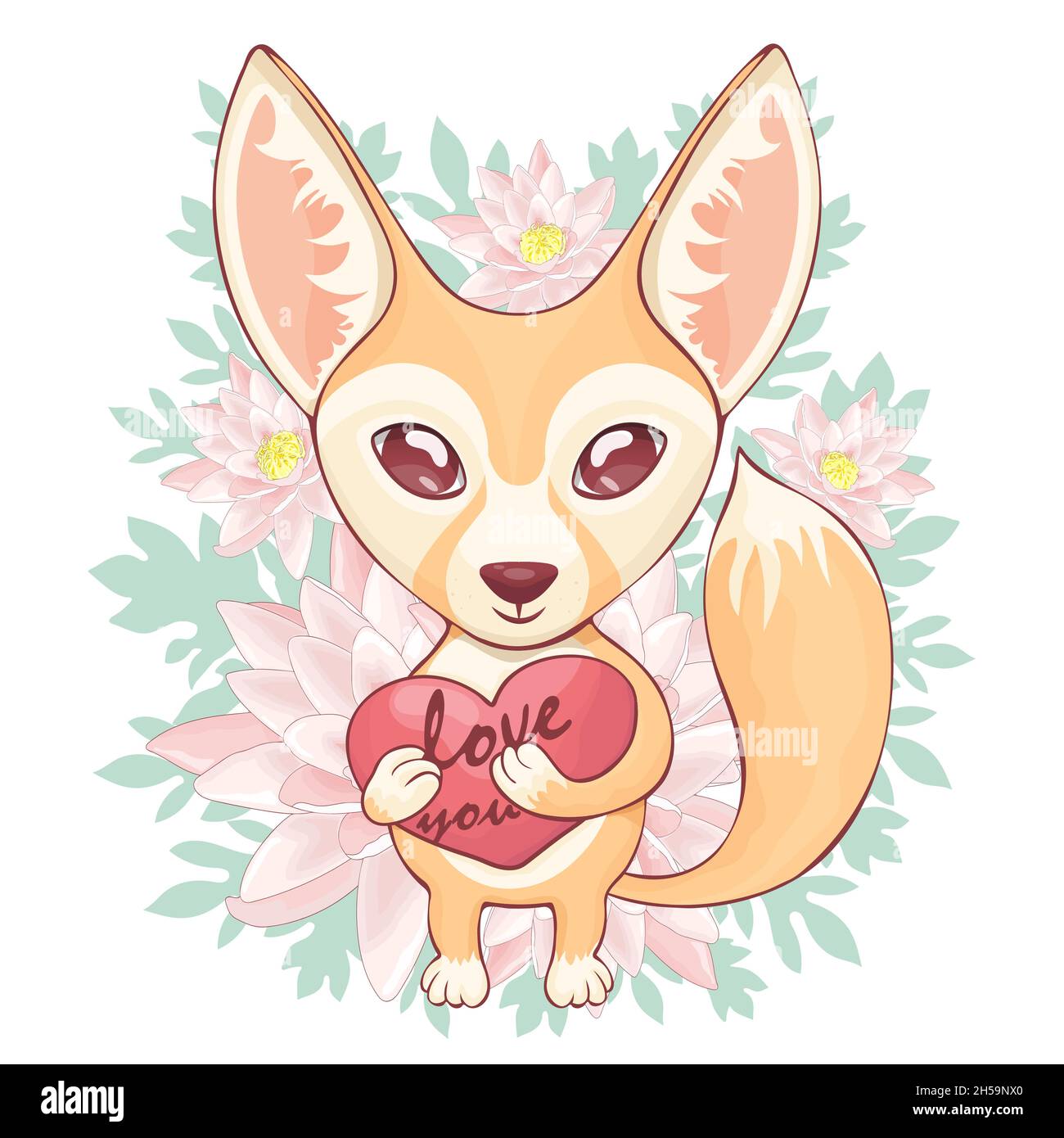 fox fenech funny cute cartoon hand drawing animal character print red haired baby fox with big eyes fluffy tail holding heart isolated surrounded stock vector image art alamy