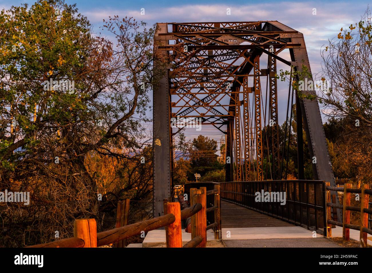 Metal bridge surrounded by trees under a clear sky Stock Photo - Alamy