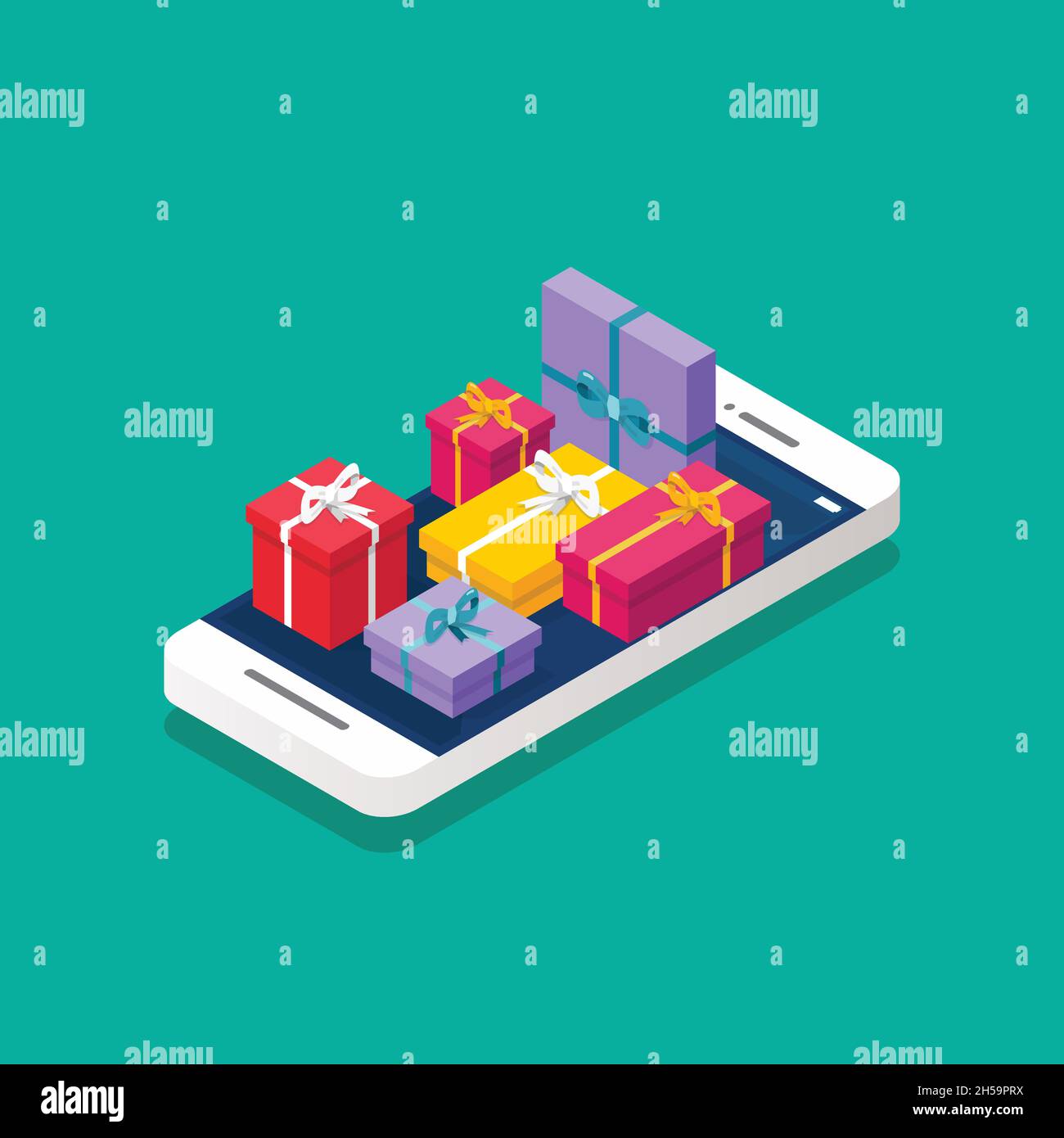 Pile of gift boxes on the smartphone screen isometric. Vector
