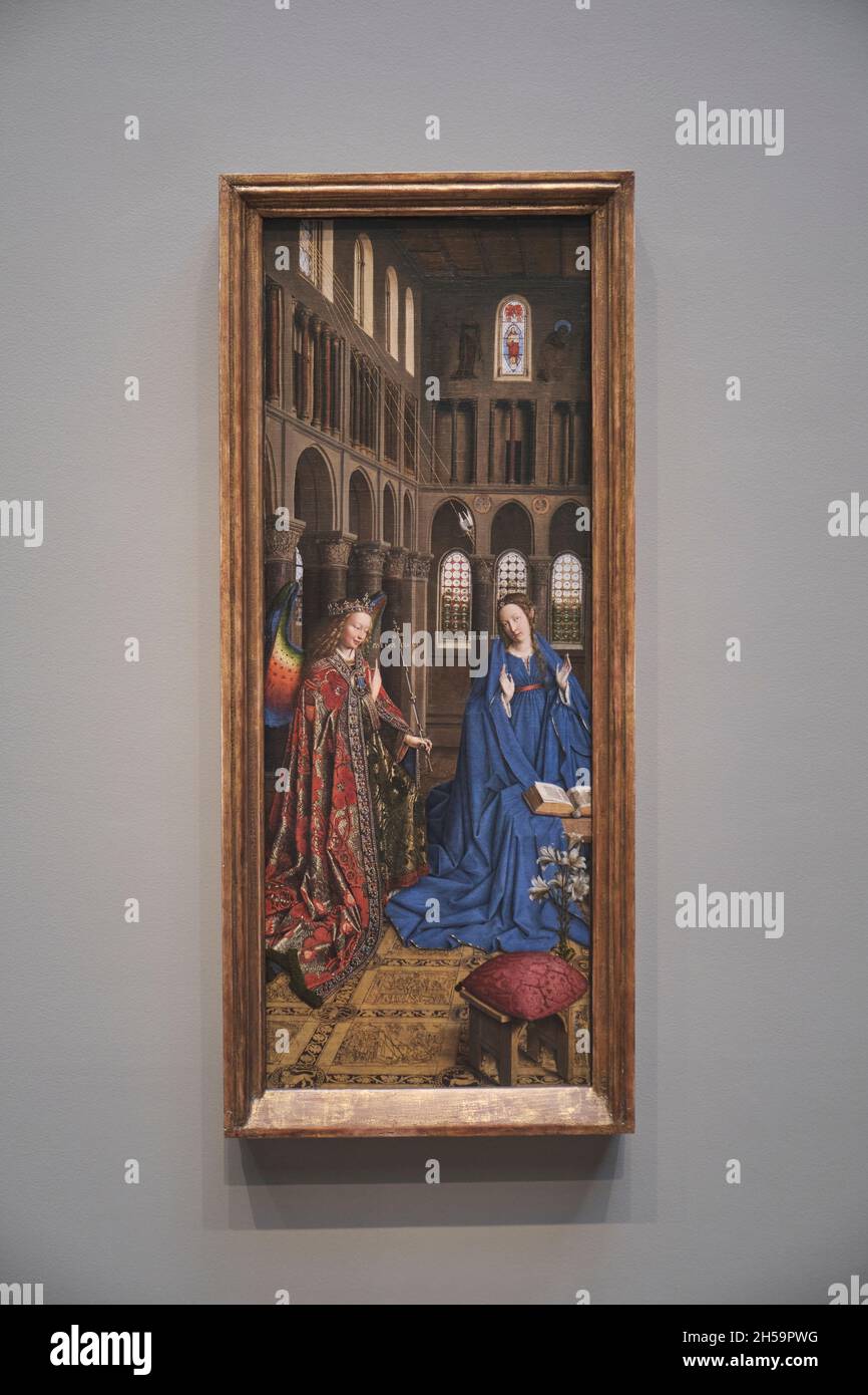 An oil painting titled The Annunciation by the Netherlandish artist Jan Van Eyck. At the National Gallery of Art in Washington DC. Stock Photo
