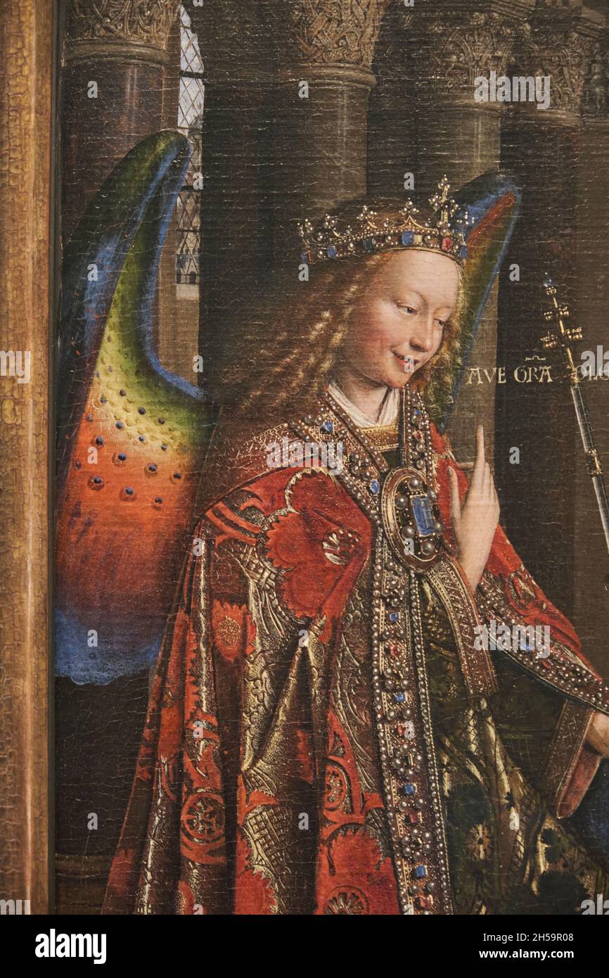 Rich textile, cloth detail work in an oil painting titled The Annunciation by the Netherlandish artist Jan Van Eyck. At the National Gallery of Art in Stock Photo