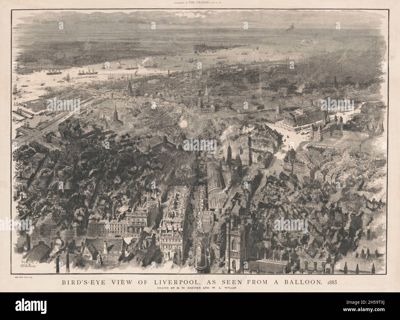 Vintage illustration dated 22nd August 1885 entitled Bird's eye view of Liverpool as seen from a balloon. Showing the city of Liverpool and the river Mersey in England Stock Photo