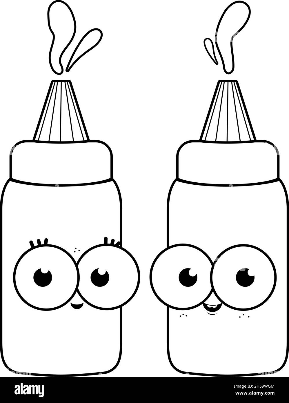 Ketchup and mustard characters. Vector black and white coloring page Stock Vector