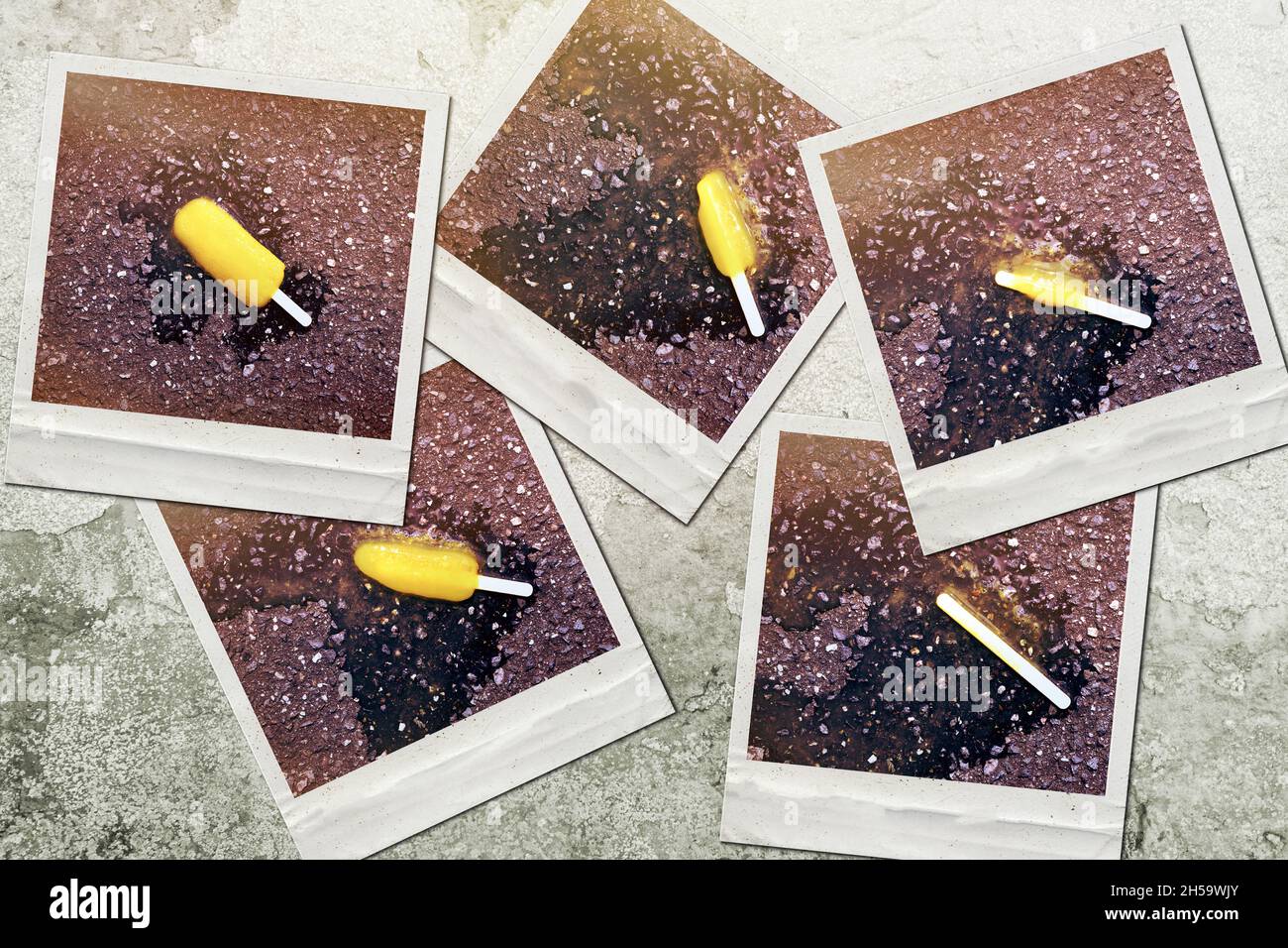 FOTOMONTAGE, Polaroidfotos mit schmelzendem Eis am Stiel, Symbolfoto Hitzewelle Stock Photo