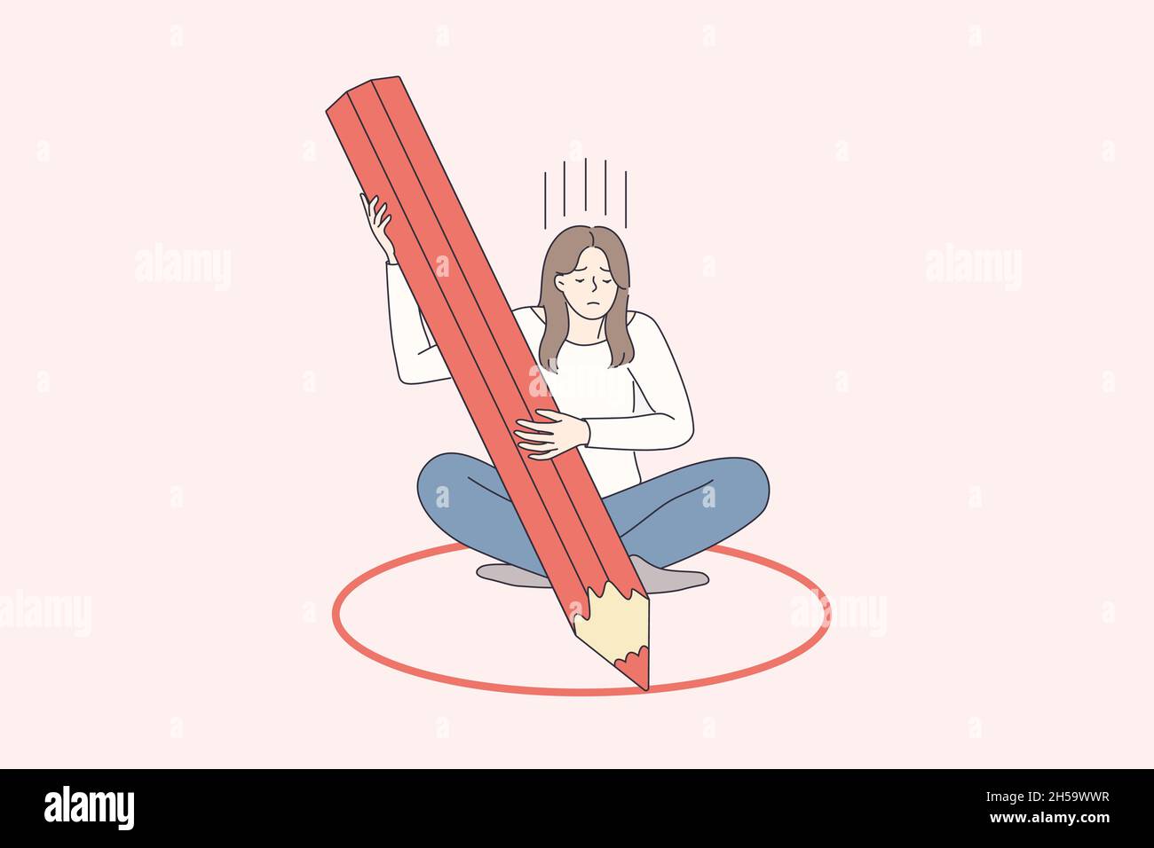 Personal boundaries and loneliness concept. Young frustrated woman cartoon character sitting in small red circle drawing with pencil feeling not free vector illustration  Stock Vector