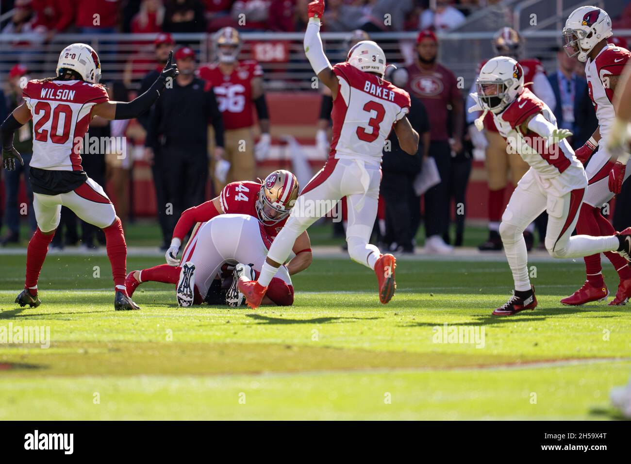 Arizona Cardinals cornerback Byron Murphy (7) recovers the fumble while tackled by San Francisco 49ers fullback Kyle Juszczyk (44) during the first qu Stock Photo
