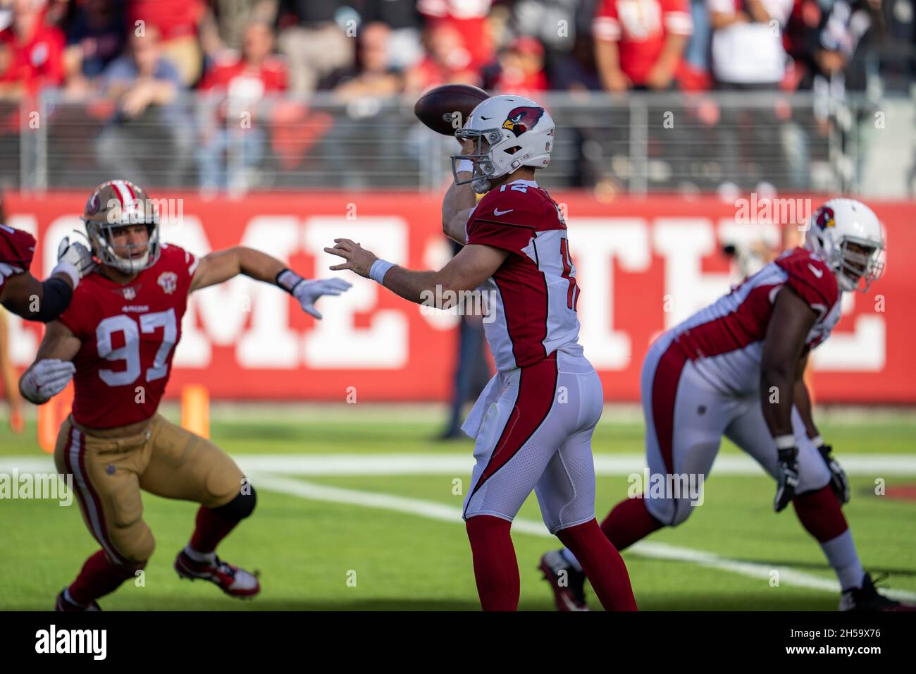 Arizona Cardinals quarterback Colt McCoy (12) passes the football during the first quarter San Francisco 49ers in San Francisco, Tuesday September 14, Stock Photo