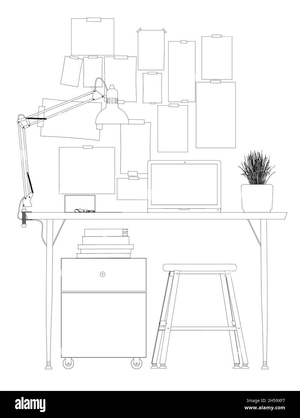 The outline of the workplace with a laptop, a lamp and a pot of flowers. Front view. Vector illustration Stock Vector