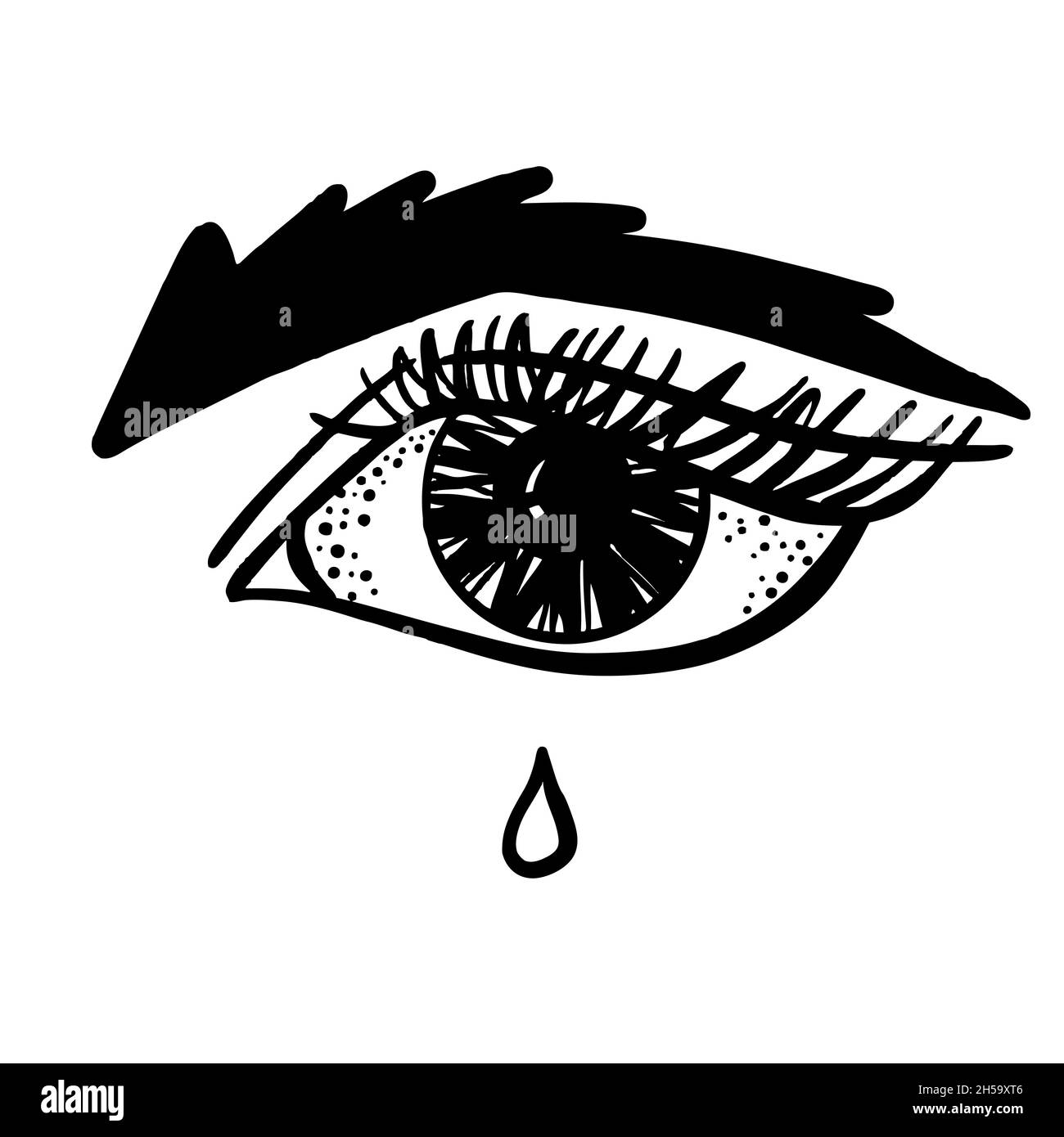 Female eye with eyelashes and eyebrows, black and white vector sketch Stock Vector