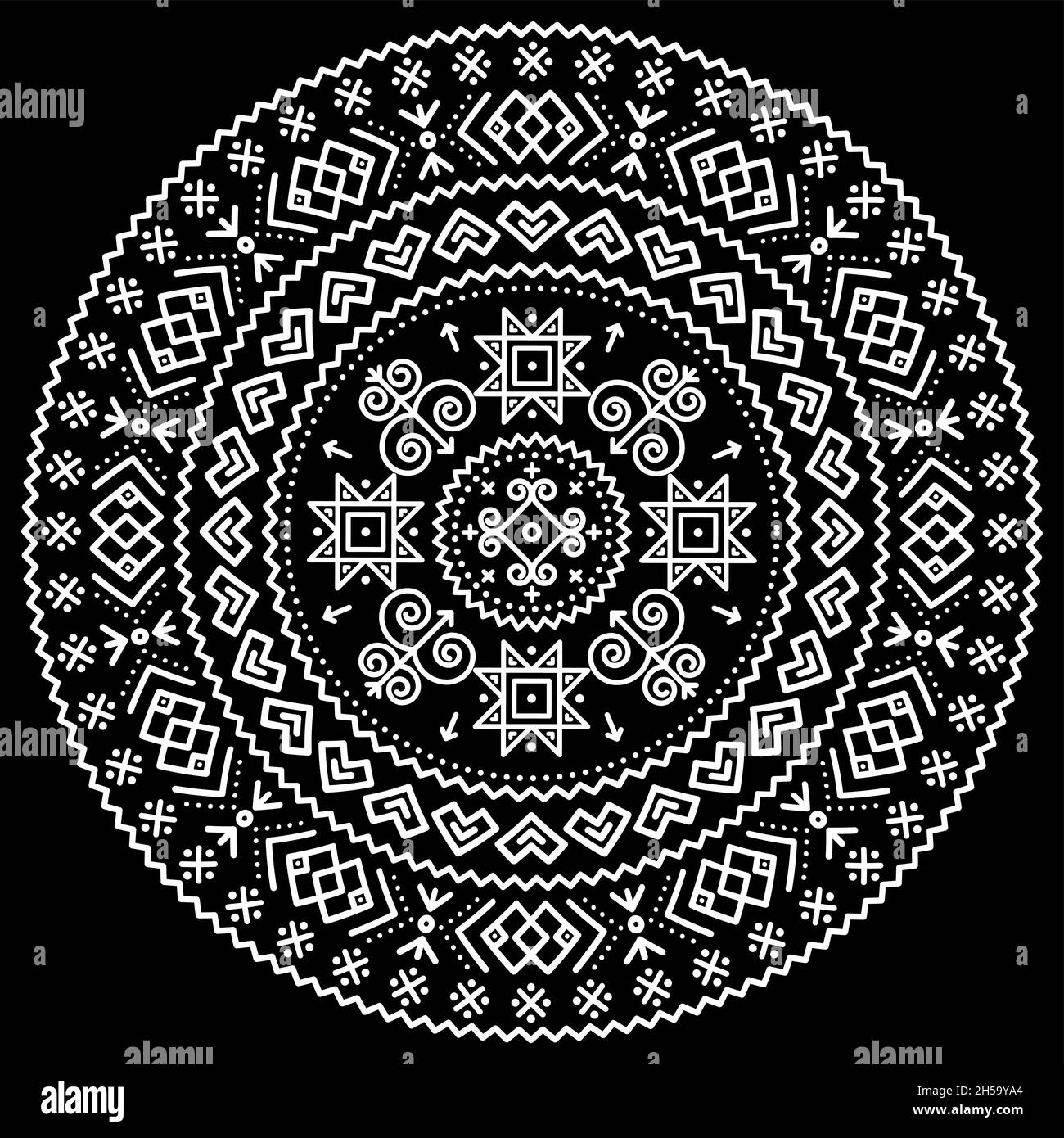 Slovak boho folk art vector black tribal mandala design with geometric shapes inspired by traditional house paintings from village Cicmany in Zilina r Stock Vector