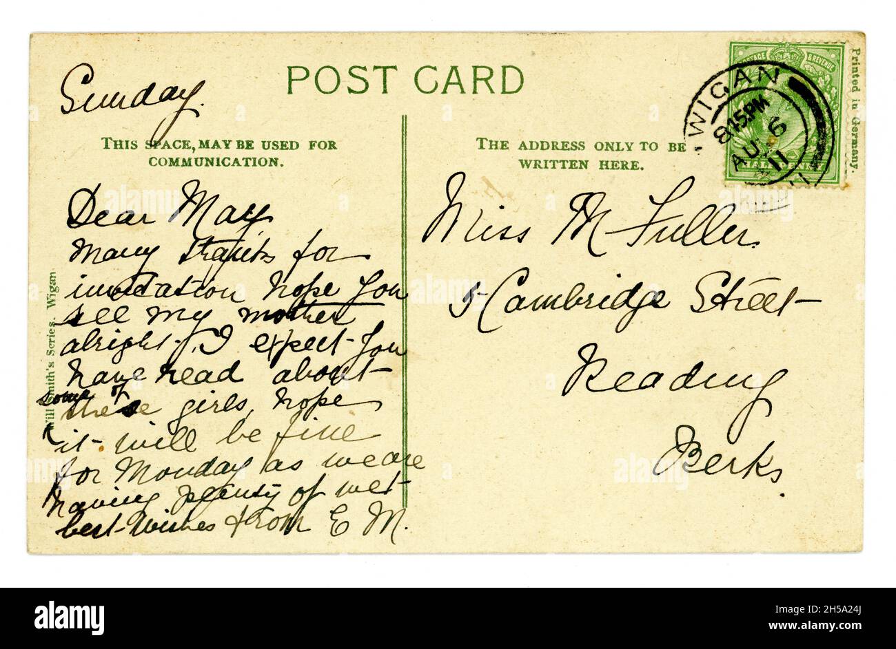 Reverse of Original early 1900's postcard with a franked Edward V11 postage stamp, which has been used after his death (May 1910), U.K. posted 1911. Stock Photo