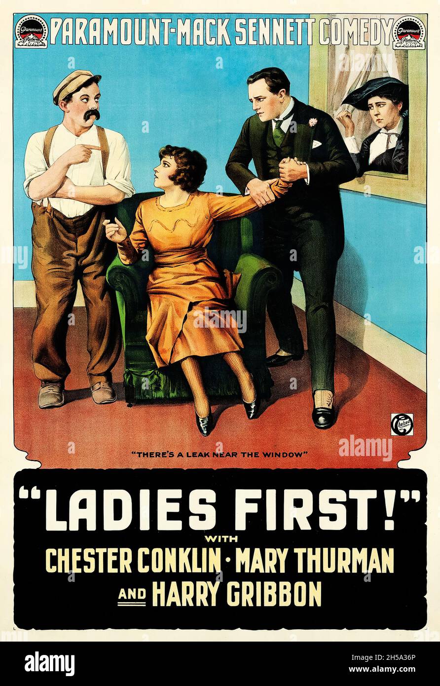 Vintage movie poster: Ladies First (Paramount, 1918) feat Chester Conklin, Mary Thurman and Harry Gribbon. Stock Photo