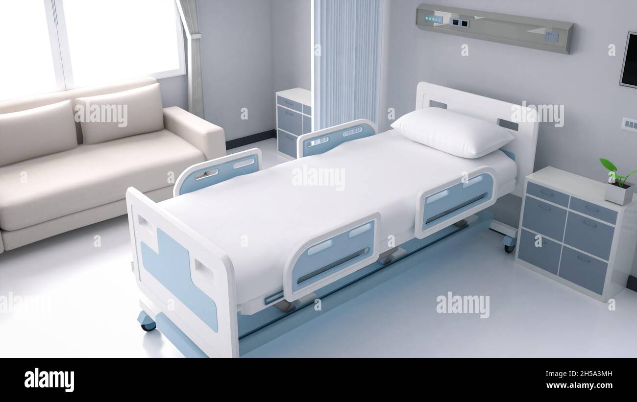 3d rendering hospital interior in recovery or inpatient room with bed and  amenities Stock Photo - Alamy