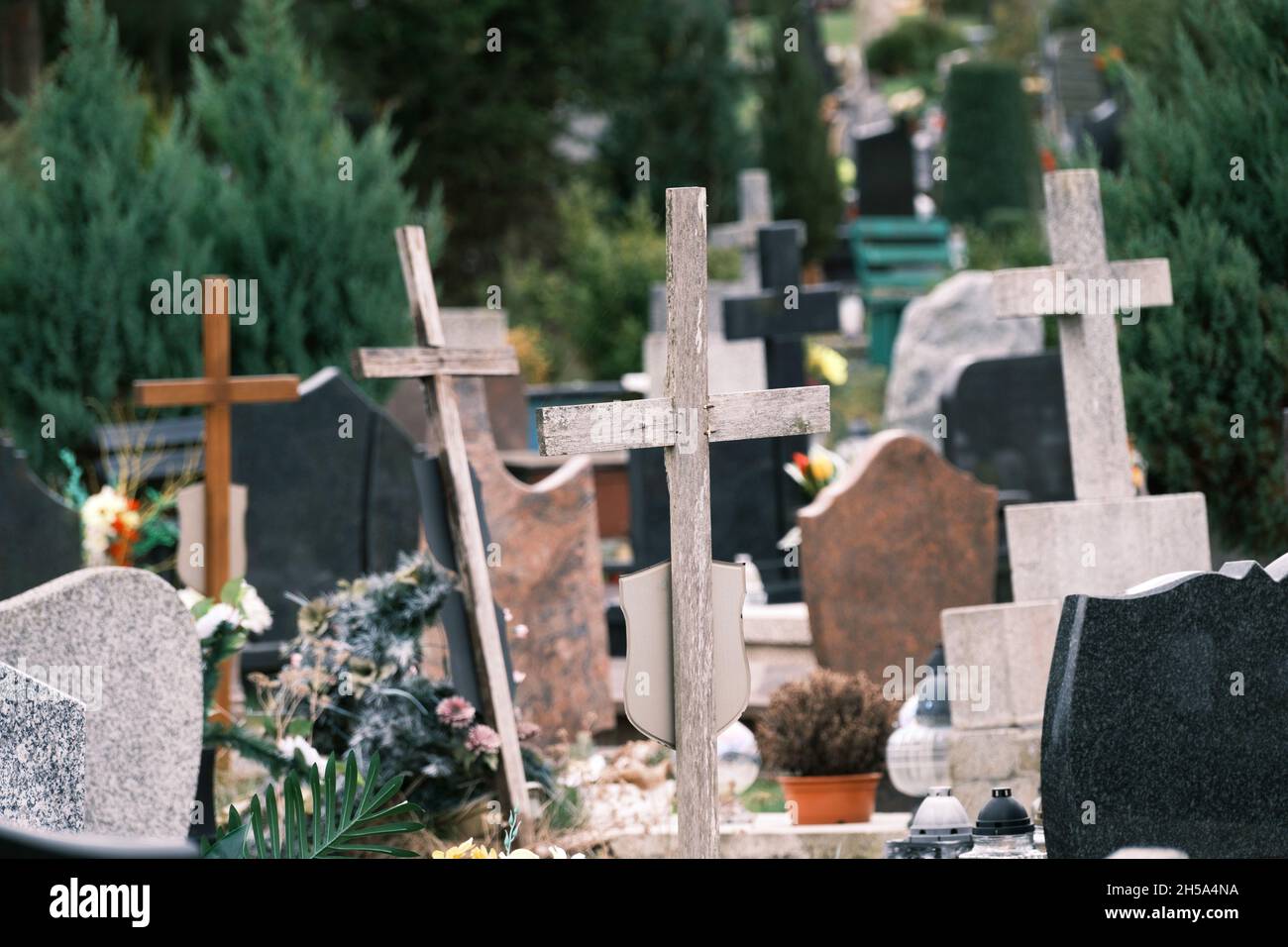wooden crosses on a cemetery in Poland Stock Photo