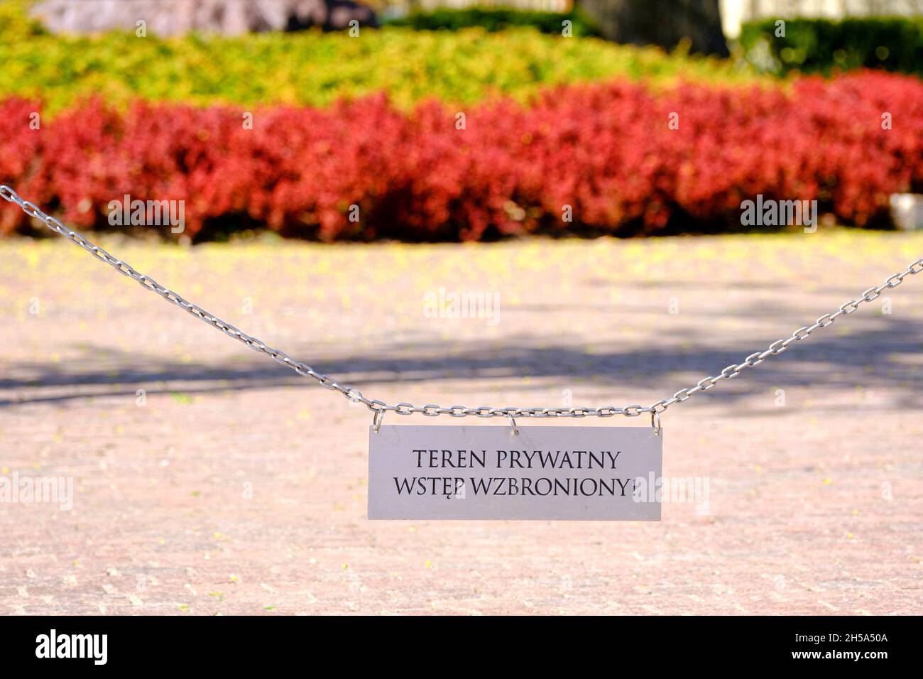Private property sign in Polish 'Teren Prywatny - wstęp wzbroniony' (private property -access forbidden) Stock Photo