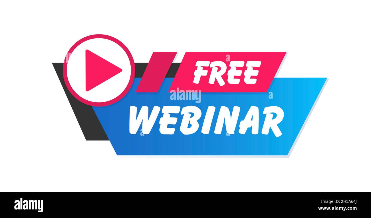 Free Webinar Icon, flat design with red play button. illustration. Stock Photo