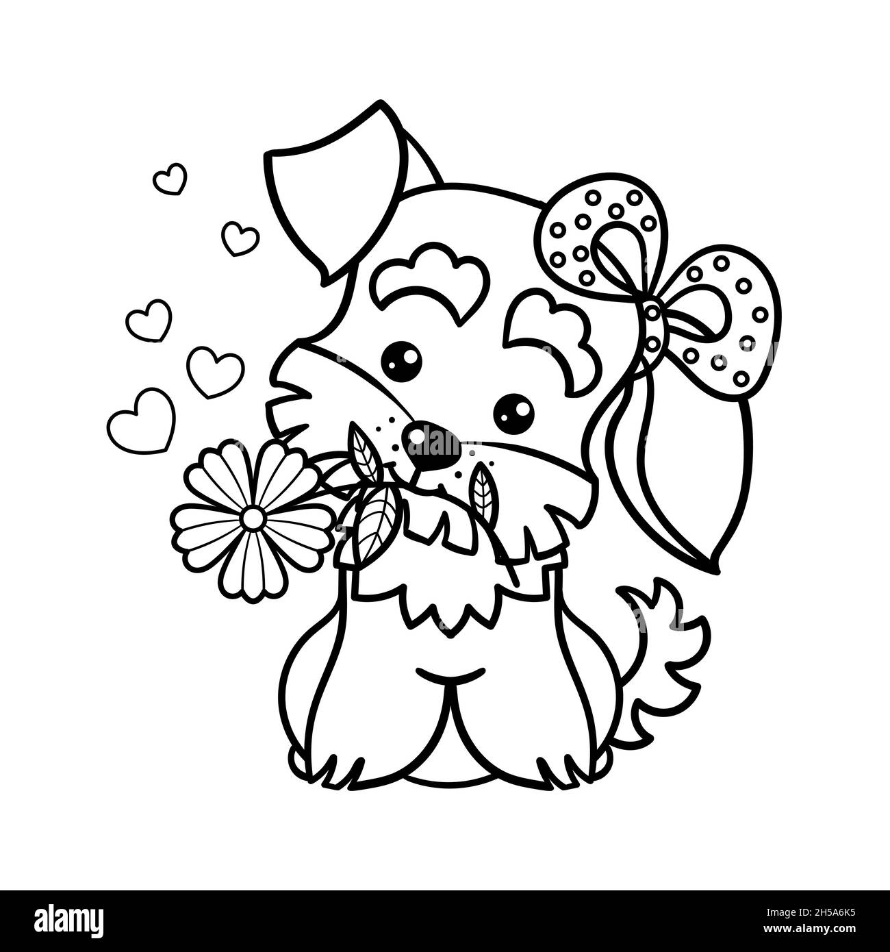 Cute little puppy with a flower. Black and white linear drawing. Vector Stock Vector