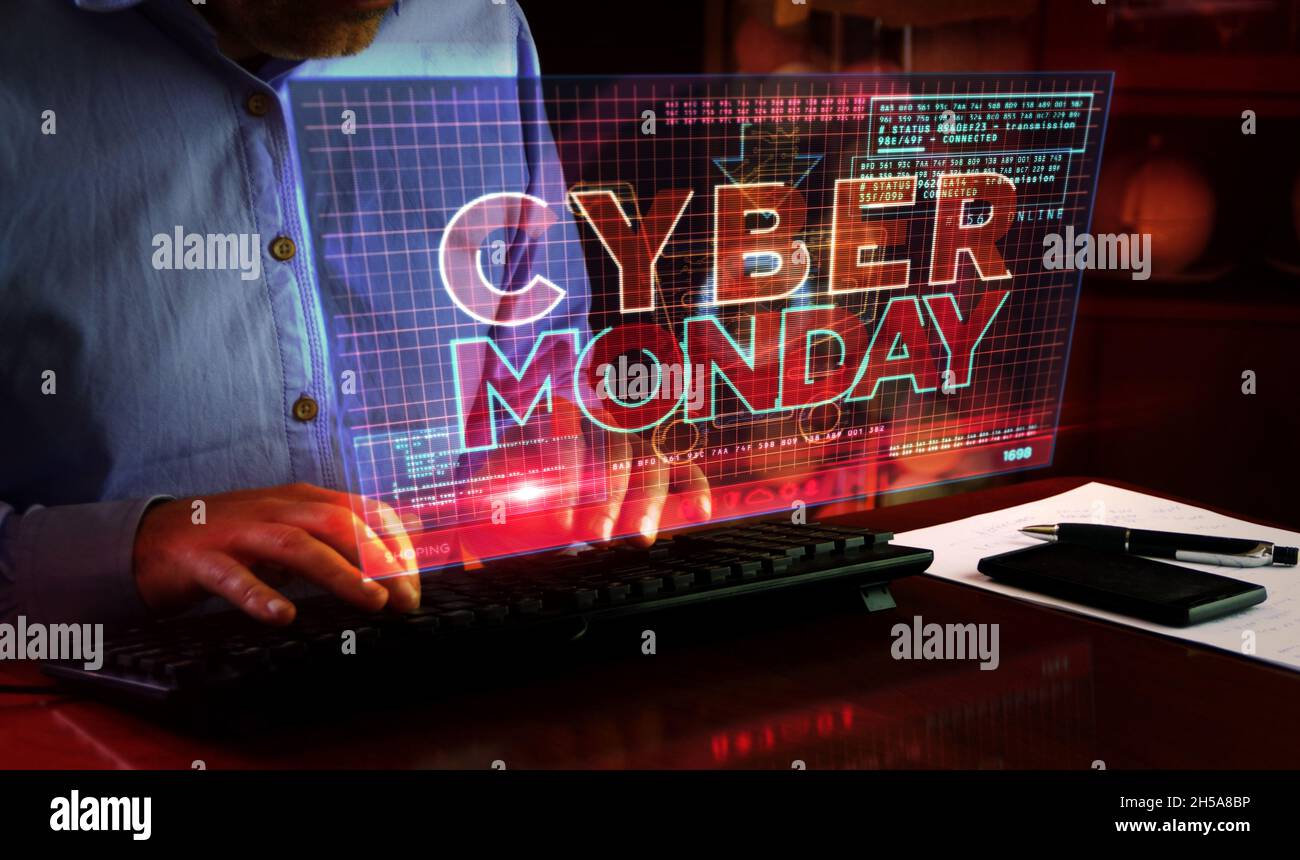 Cyber Monday on computer screen. Hot deal, shopping, big sale and