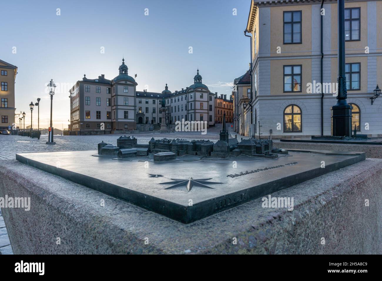 Stockholm, Sweden - April 5, 2021: View onto bronze plate with miniature model of buildings on one of islands in center of Stockholm Stock Photo