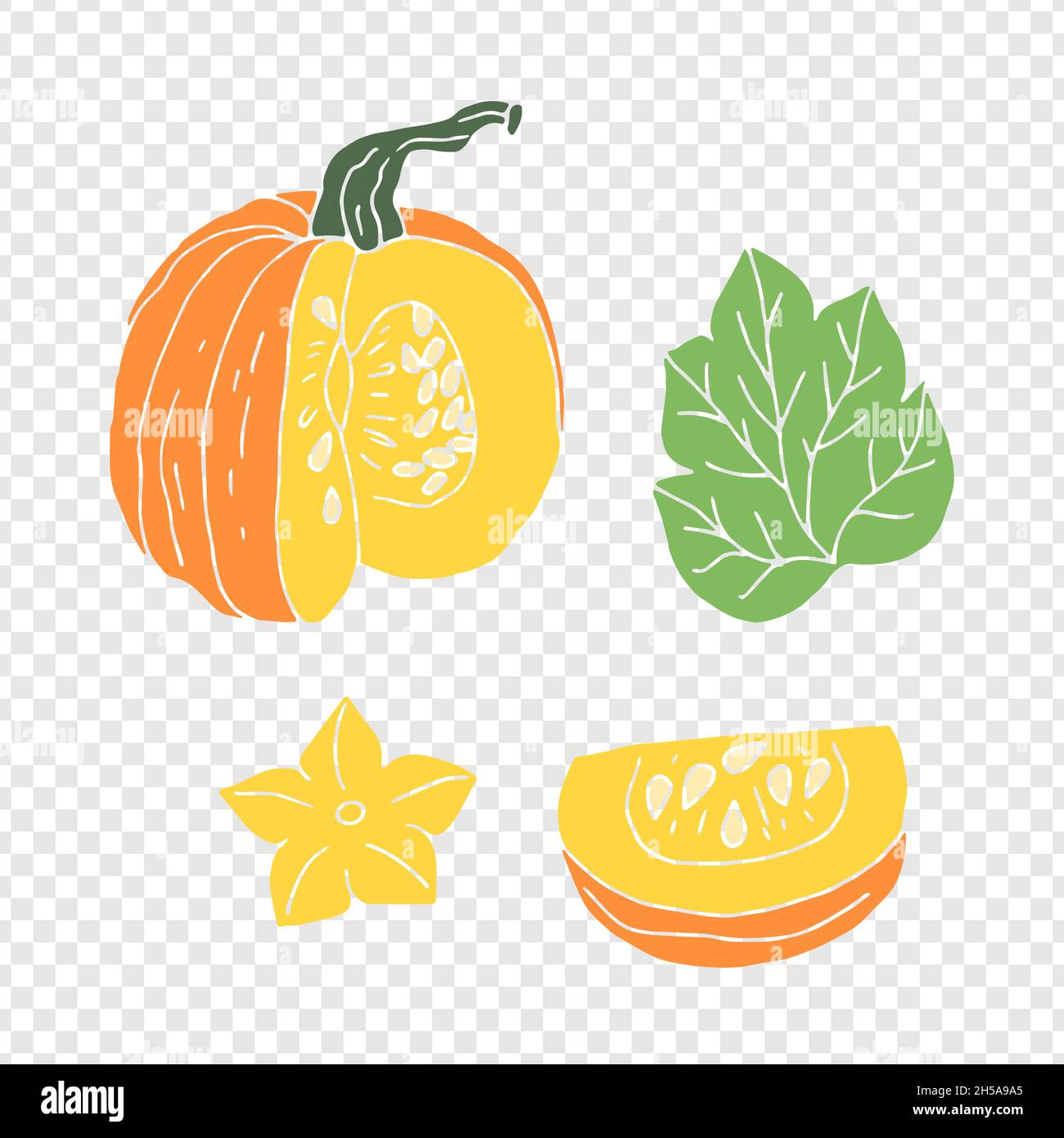 Hand drawn doodle orange pumpkin silhouette on gray and white squares Stock Vector