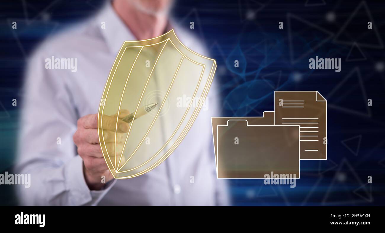 Man touching a data protection concept on a touch screen with a pen ...