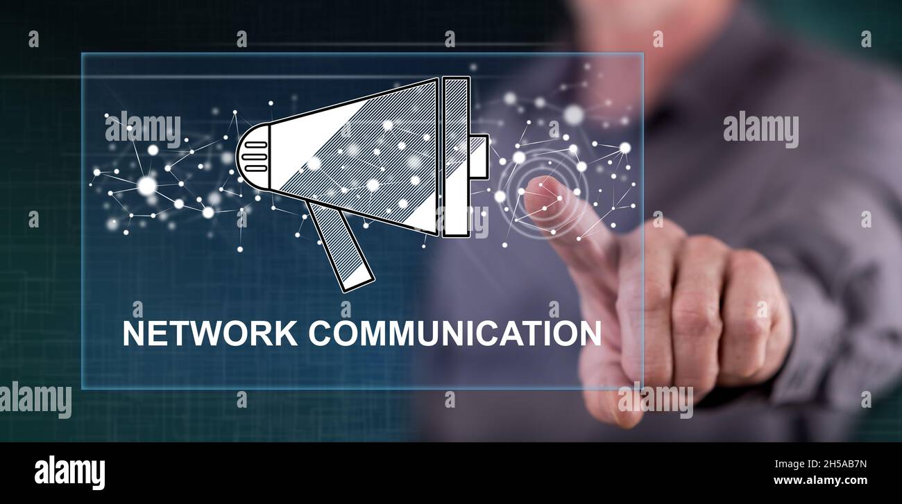 Man touching a network communication concept on a touch screen with his ...