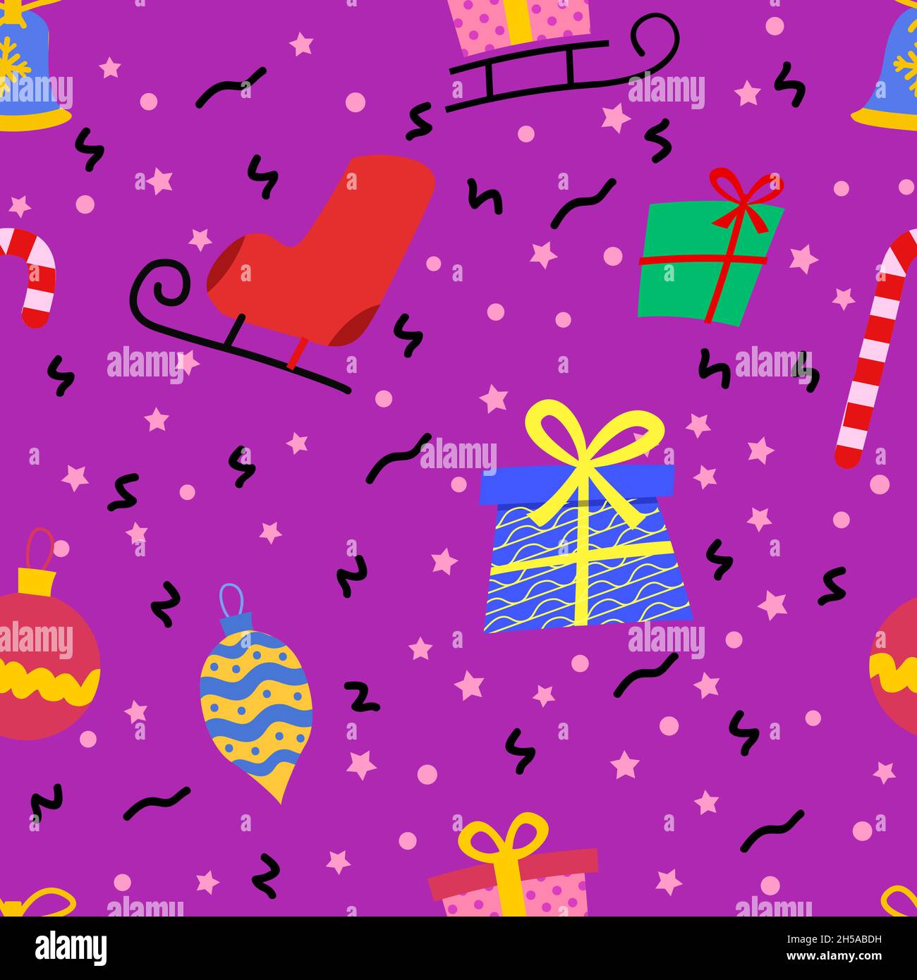 Vector Seamless pattern with gifts and confetti. boots, gift, skates, Stock Vector