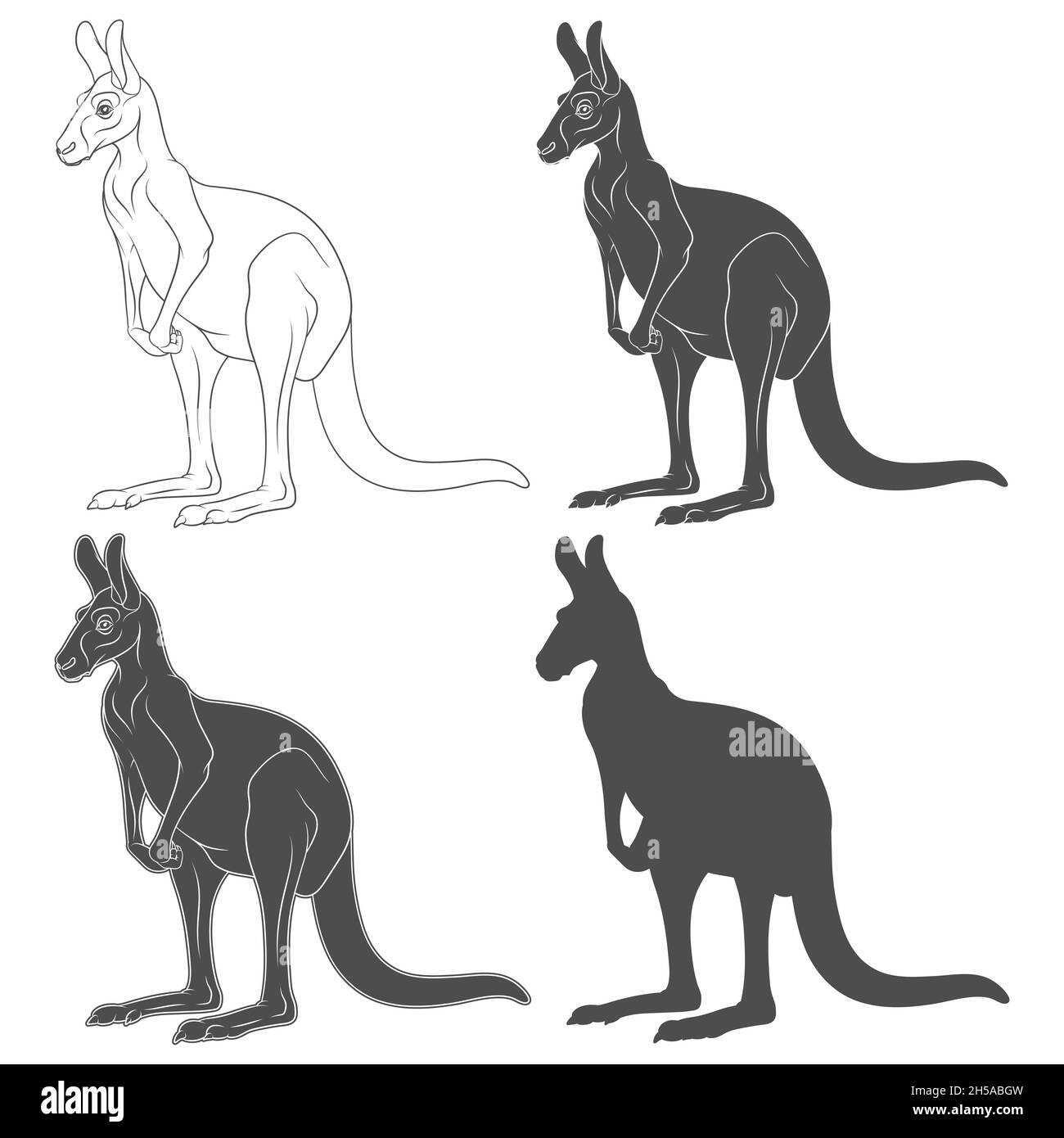 Set of black and white illustrations of kangaroo. Isolated vector objects on white background. Stock Vector