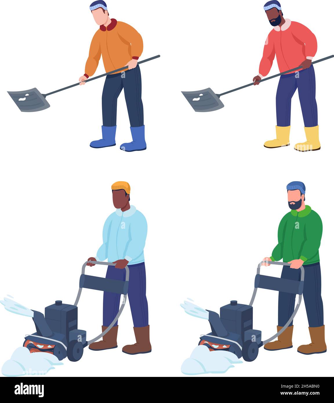 Man cleaning snow semi flat color vector characters set Stock Vector