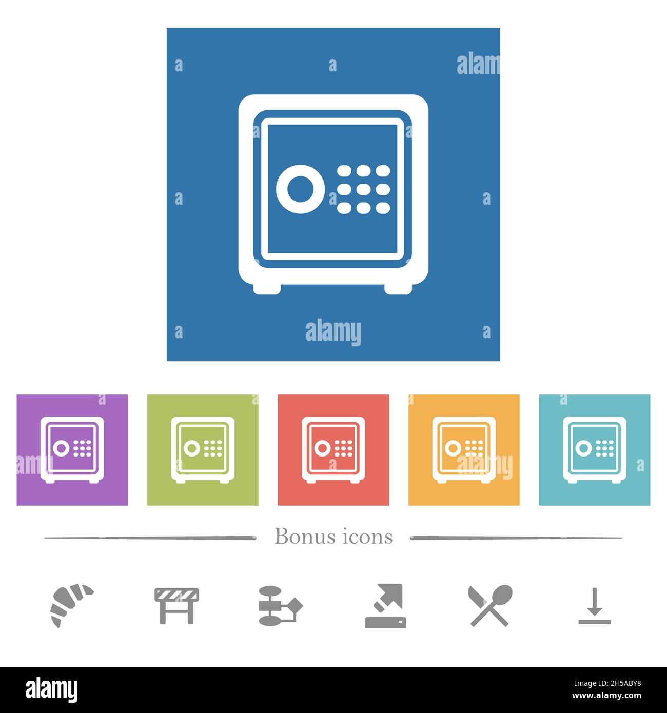 Single strong box outline flat white icons in square backgrounds. 6 bonus icons included. Stock Vector