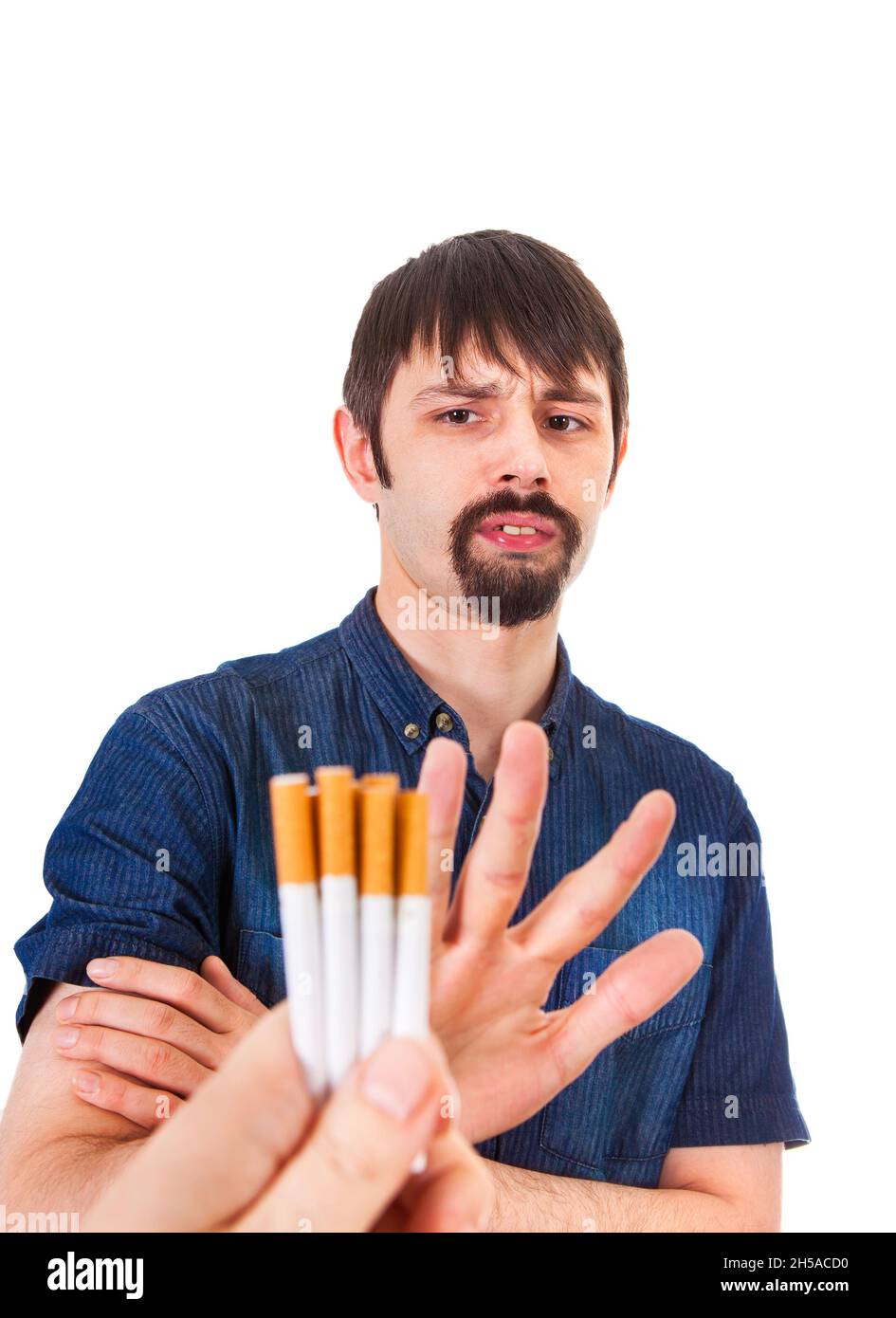 Man deny a Cigarettes Isolated on the White Background Stock Photo