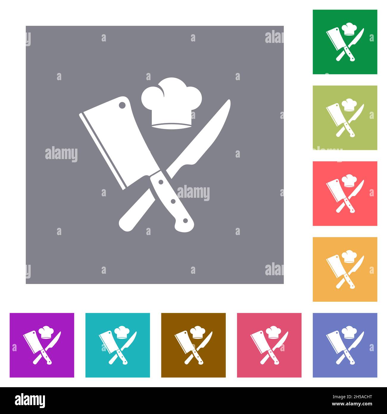 Crossed meat cleaver and knife with chef hat flat icons on simple color ...