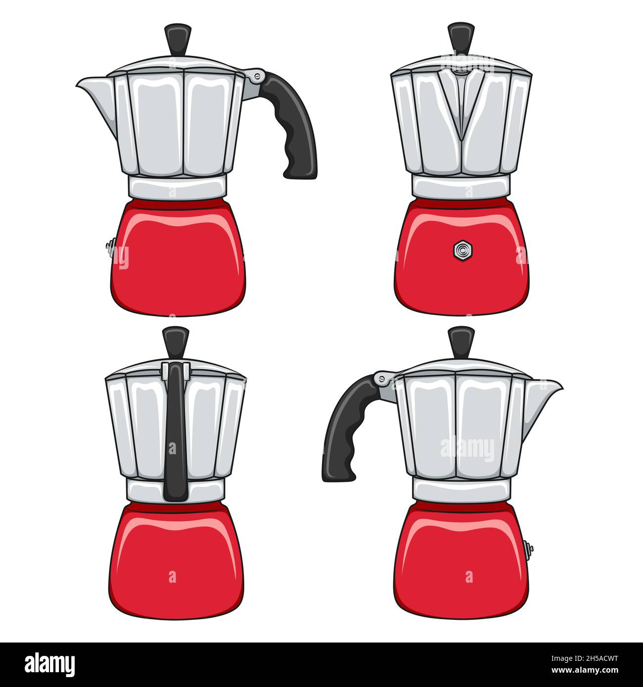 Set of color illustrations of red geyser coffee makers. Isolated vector objects on white background. Stock Vector