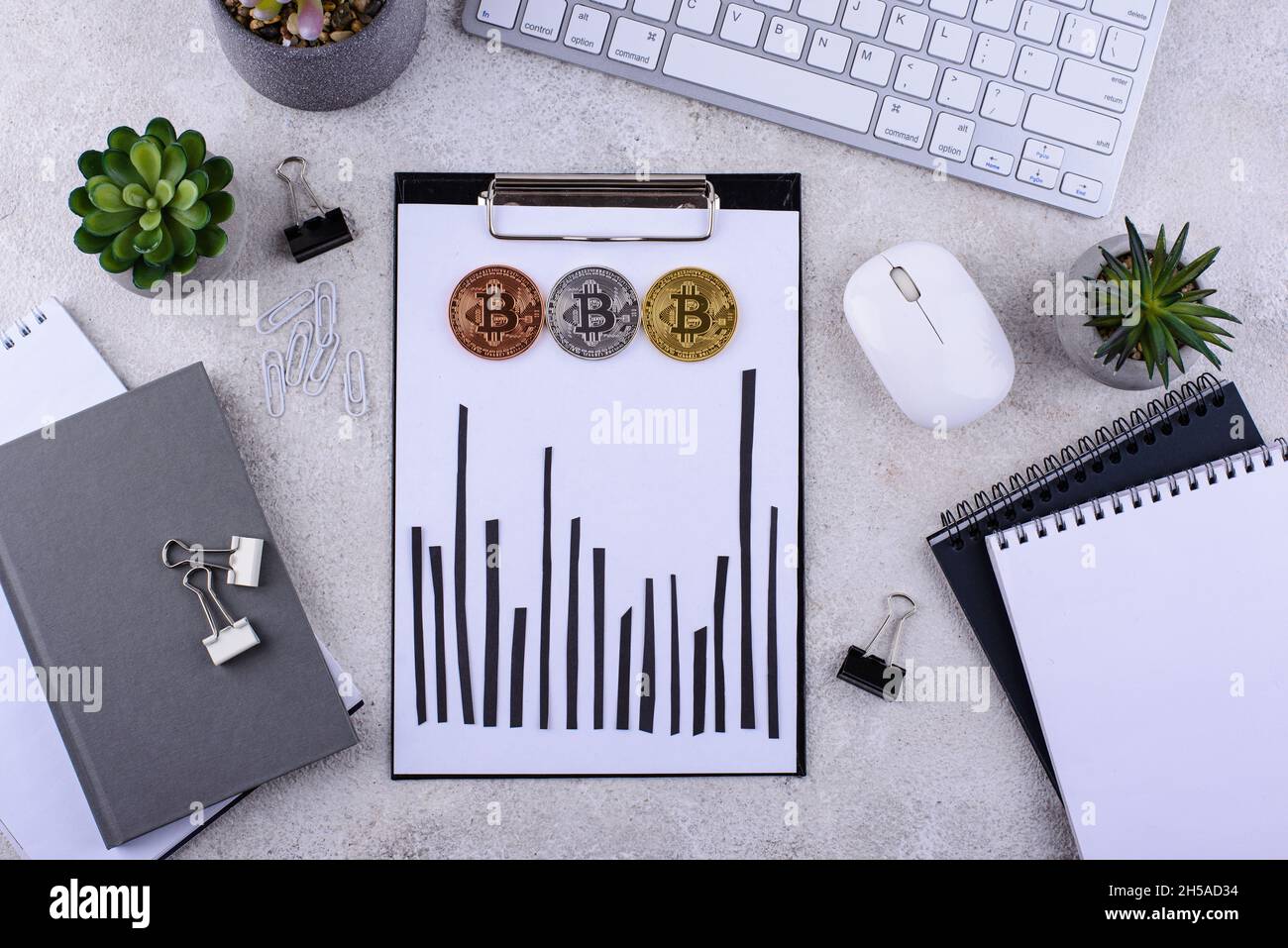 Bitcoin shedule on desk. Cryptocurrency concept Stock Photo