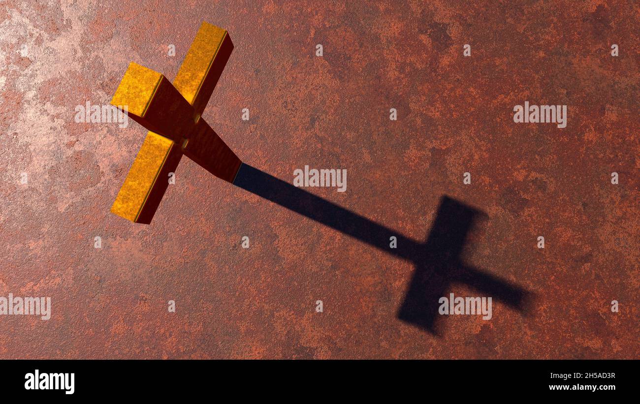 Concept or conceptual golden cross on a  rusted corroded metal or steel sheet backround. 3d illustration metaphor for God, Christ, religious, faith, h Stock Photo