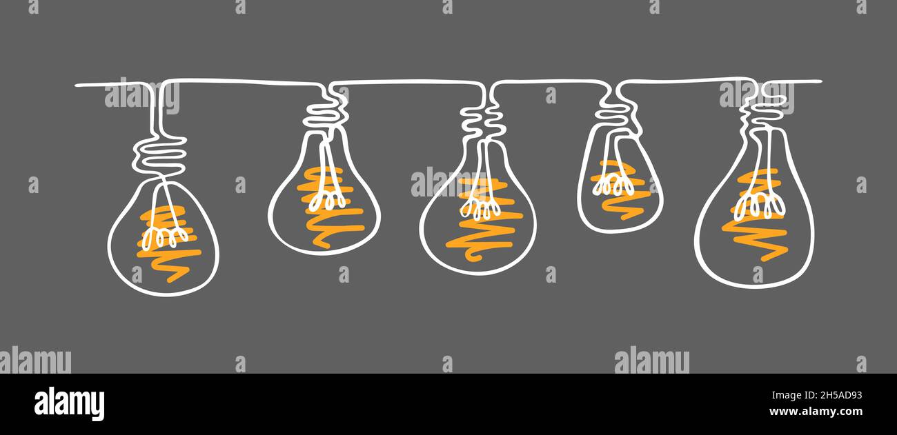 Light bulbs garland drawn with continuous line. Vector illustration. Stock Vector