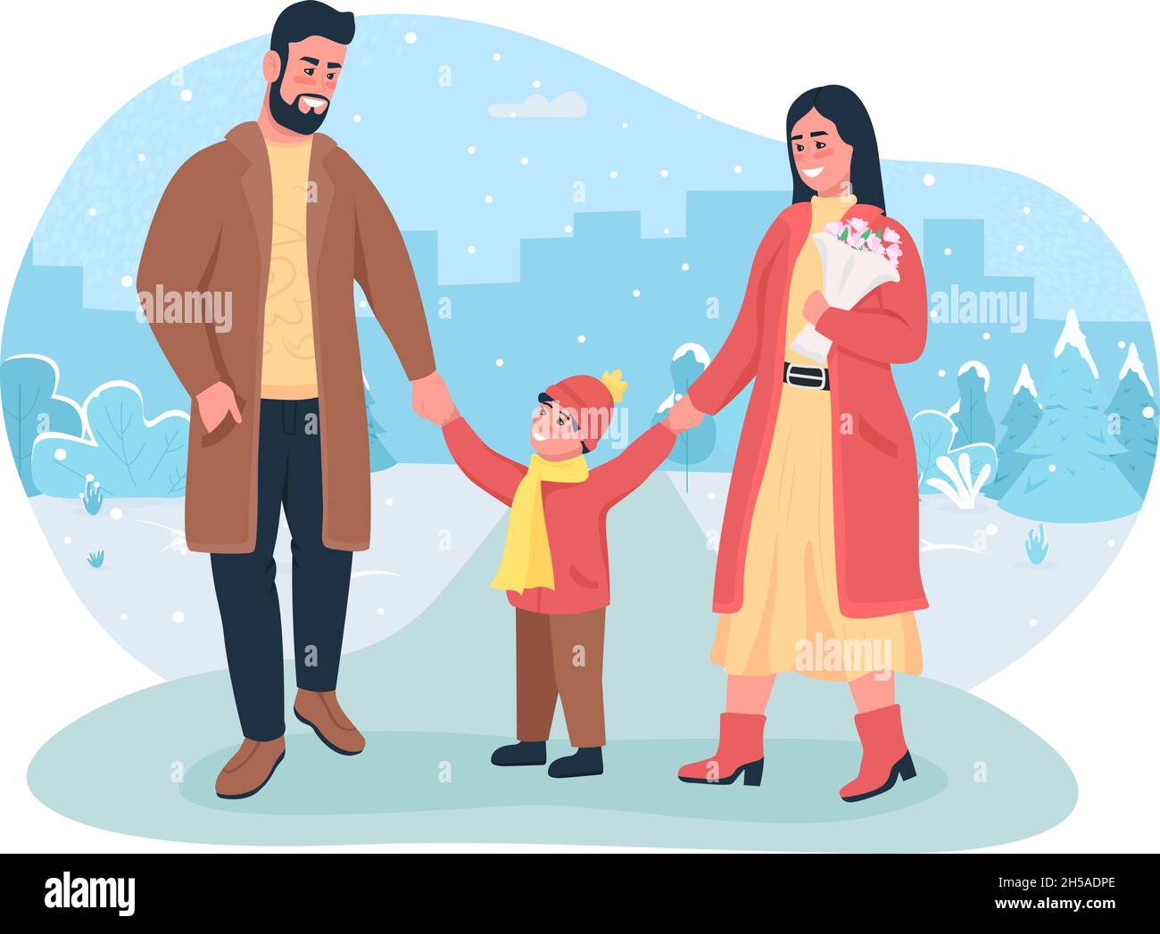 Family winter walk 2D vector isolated illustration Stock Vector