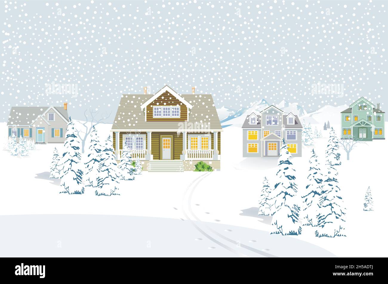 Country houses at Christmas in the snowy landscape, Illustration, Stock Vector
